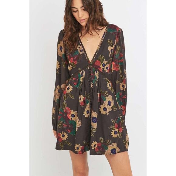 Free People Strawberry Fields Brown Floral Long Sleeve Tunic Mini Dress - Picture 1 of 7
